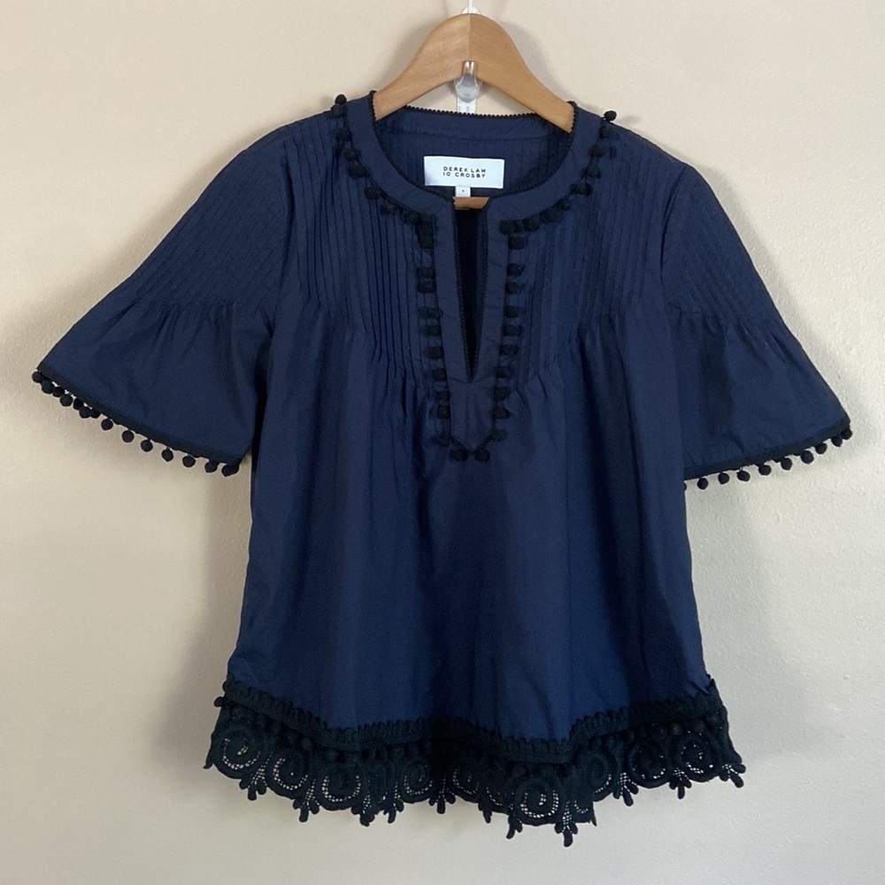 DEREK LAM 10 CROSBY- Pintucked Poplin Eyelet Top in Navy - Picture 2 of 7